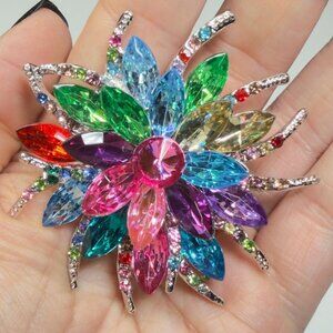 Flower Brooch Multicolor Rhinestone Statement Pin Large Crystal Floral 2.75”
